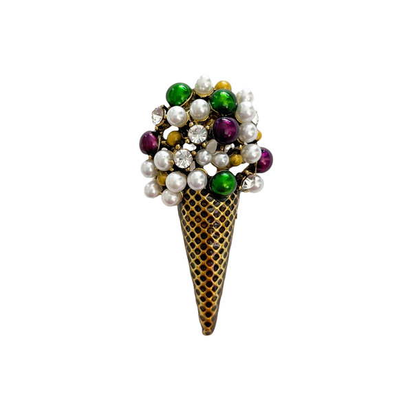none Jewelry - Ice Cream Cone Brooch Faux Pearls Rhinestones Unsigned